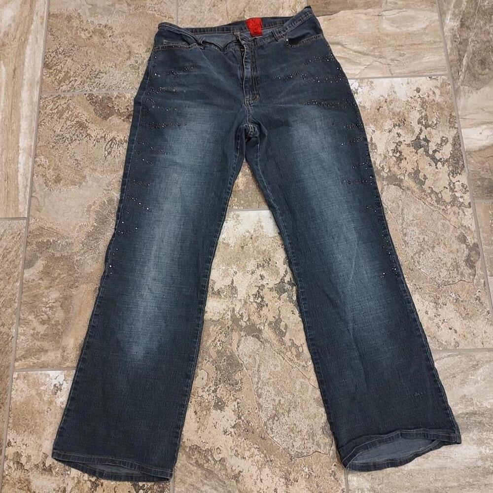 2000s low rise Dark blue v Cristina jeans w/ brown rhinestone sequin details
